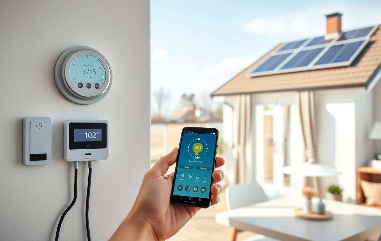 Svenskt hem med elmätare och smartphone som visar elpris-app, solpanel på taket.