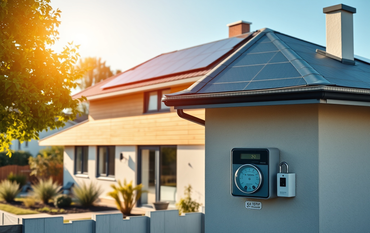 Svenskt hus med solpaneler och smart elmätare i solig förortsmiljö