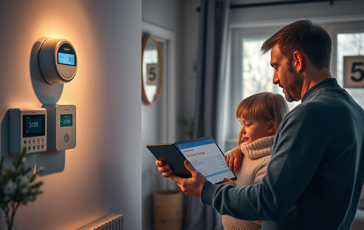 En modern svensk bostad med en smart elmätare på väggen och en familj som tittar på en surfplatta med en elräkning där volympåslaget är markerat.
