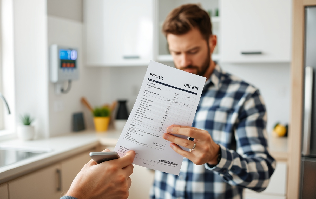 En person håller en elräkning och tittar på en mobiltelefon, med en digital elmätare på väggen i bakgrunden.
