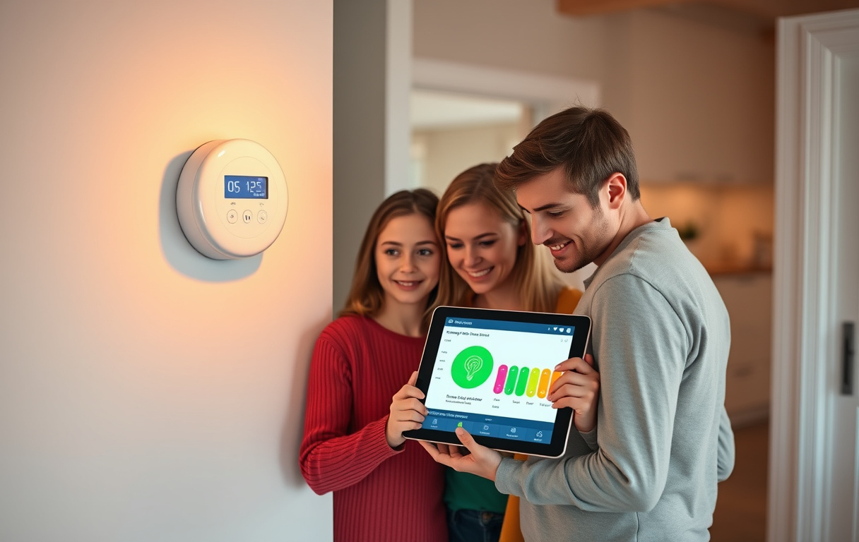 Modernt svenskt hem med smart elmätare och en surfplatta som visar en eljämförelseapp, familj som tittar på skärmen