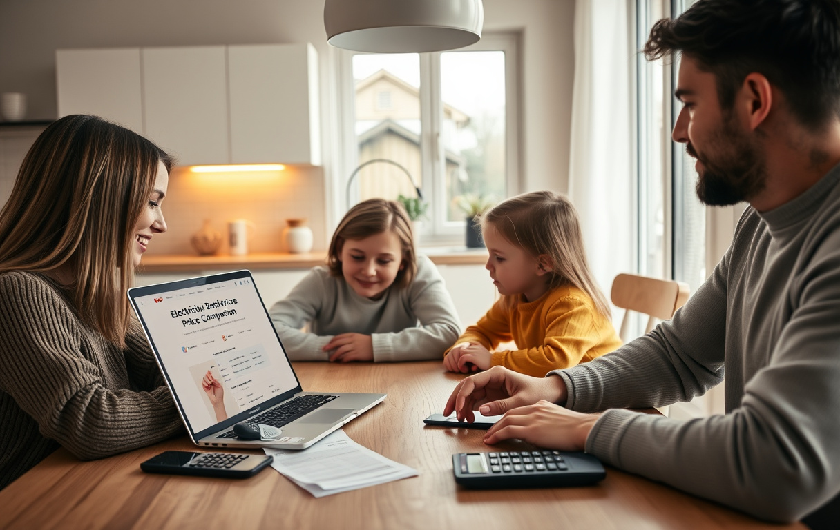 Familj som jämför elavtal på laptop vid köksbord med elräkning och miniräknare