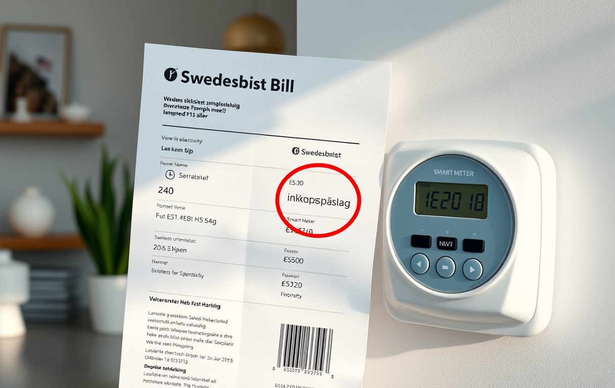 Elräkning med inköpspåslag markerat och en digital elmätare i bakgrunden.