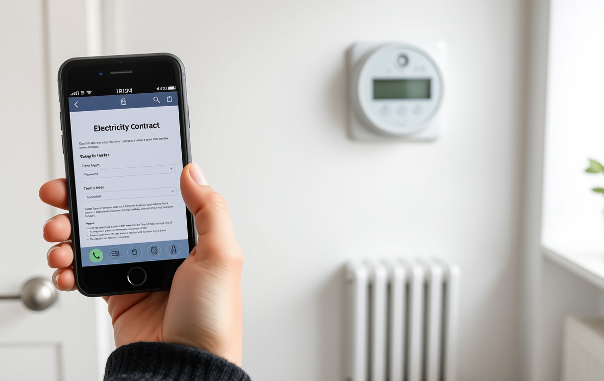 Hand som håller en smartphone med elavtalsformulär bredvid en elmätare i en modern lägenhet