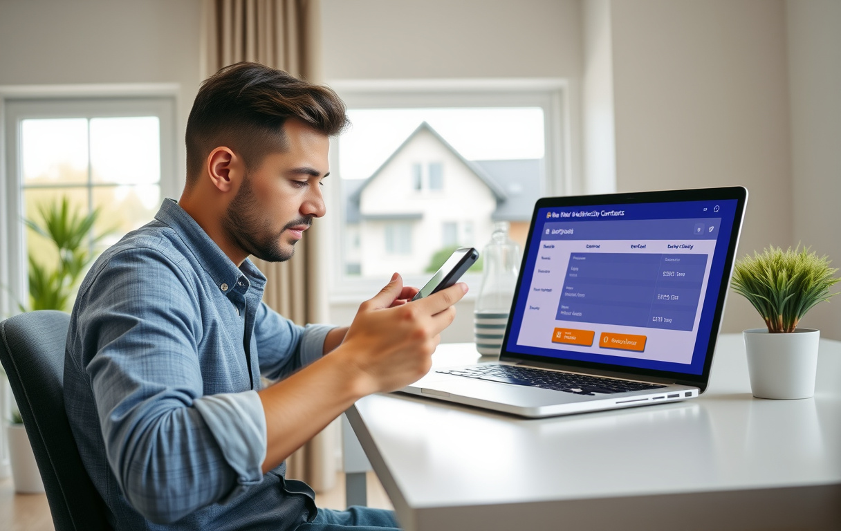 Person som tecknar elavtal via mobil med BankID, med datorskärm som visar elprisjämförelse